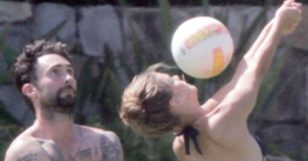 Adam Levine Goes Shirtless While Playing Volleyball With Girlfriend—See